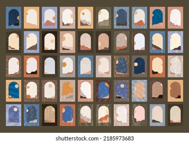 paisaje montañoso en la ventana de arco arte mural moderno de mediados de siglo, conjunto vectorial