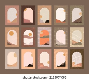 mountain landscape in the arch  window mid century modern wall art, vector set