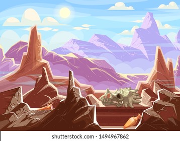 Mountain landscape with archaeological fossils, cartoon vector illustration. Red-brown mountains under blue sky, among fragments of rocks ancient artifacts, ceramic pitchers and dinosaur skull