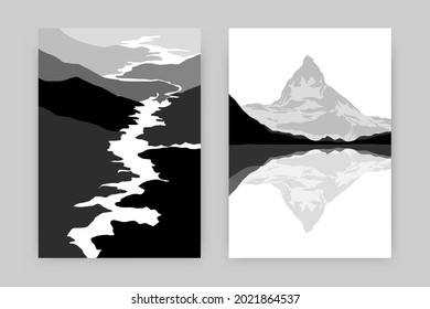 Mountain landscape art print set. Monochrome posters of nature scenes, minimal contemporary wall decor. Vector illustration