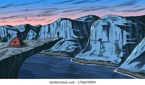 Mountain landscape background. Alpine peaks and cabin. Vintage Mount. Travel concept. Hand drawn engraved sketch for outdoor posters, climbing banners, logo or badge.