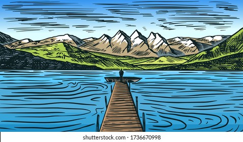 Mountain landscape background. Alpine peaks. Vintage Mount. Travel concept. Sea with a wooden bridge. Hand drawn engraved sketch for outdoor posters, climbing banners, logo or badge. 