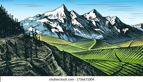 Mountain landscape background. Alpine peaks. Vintage Mount and valley. Travel concept. Hand drawn engraved sketch for outdoor posters, climbing banners, logo or badge.