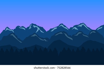 Mountain landscape background with blue hills and forest. Vector illustration