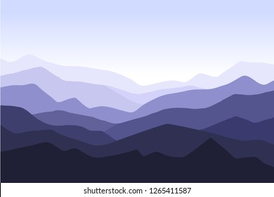 Mountain landscape background with blue silhouettes of mountains and hills. Panoramic mountain view. Vector illustration.
