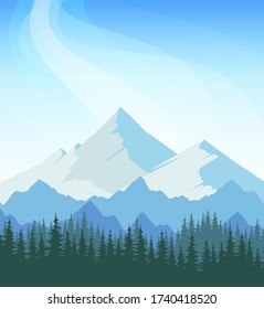 mountain landscape background with blue sky and forest. Vector scenic illustration of nature with copy space for travel company.