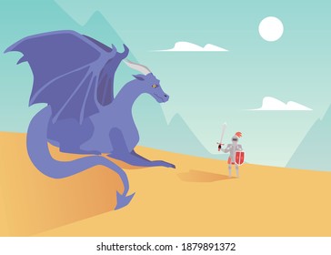 Mountain landscape background with dragon and medieval knight in armour, flat cartoon vector illustration. Medieval legend or fairy tale fantasy scenery with dragon.