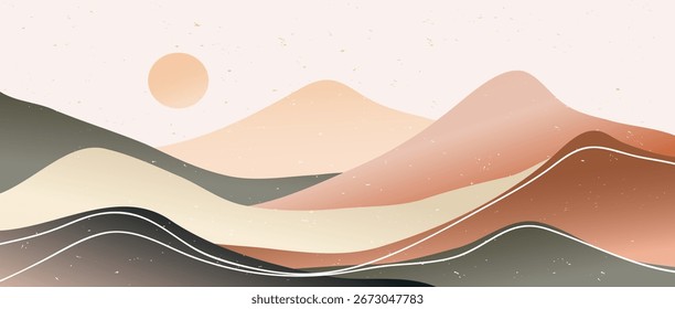 Mountain landscape background and line art pattern. creative minimalist modern art print. mountains, hills and the sun. use for print art, poster, cover, banner