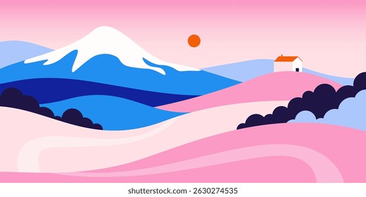 Mountain landscape background. Nature horizontal panorama with hills, forest and barn house, abstract minimal summer view with mountains hills and sun. Vector illustration.
