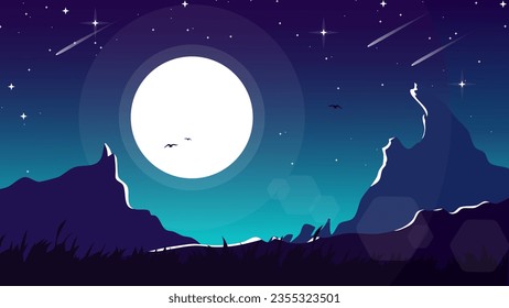 Berglandschaft, Hintergrund. Nachthimmel mit Mond und Sternhintergrund. Blick auf die Berge nachts mit Mond und Sternen. Berglandschaft Tapete für Decke.