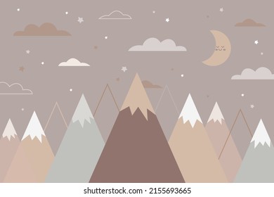 Mountain landscape background, night stars sky background, design for children's room. Children's wallpapers in scandinavian style. Vector illustration