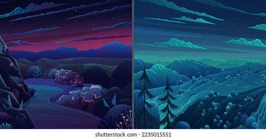 El paisaje montañoso de fondo por la noche. Camino en el valle verde, colinas, nubes y estrellas en el cielo, fondo de la noche. Naturaleza primavera o verano. Carretera, carretera curly sinuosa vacía en el campo rocoso