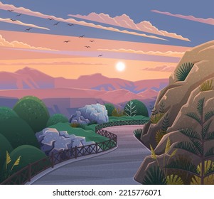 El paisaje montañoso al atardecer. Camino en el valle verde, colinas, nubes y sol en el cielo. Naturaleza primavera o verano. Carretera asfaltada, carretera curly sinuosa y vacía en el campo rocoso de verano