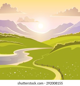 Mountain landscape background with river road and meadow flat vector illustration