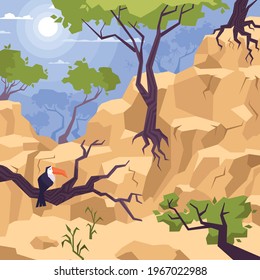 Mountain landscape background with trees rocks sky and toucan vector illustration