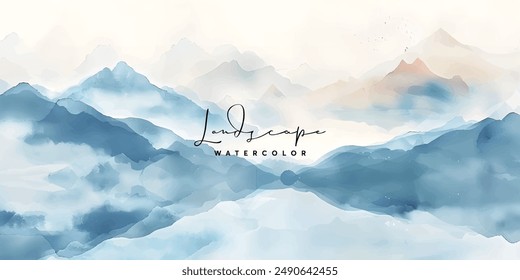 mountain landscape background vector. Oriental Luxury landscape background design with watercolor brush texture. Wallpaper design, Wall art for home decor and prints.