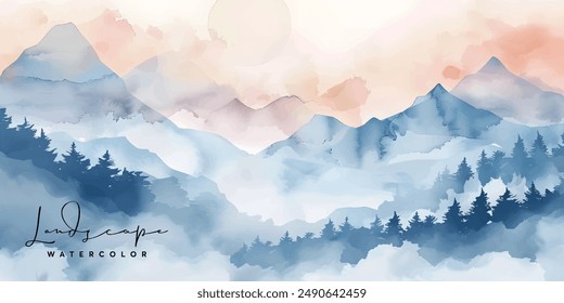 mountain landscape background vector. Oriental Luxury landscape background design with watercolor brush texture. Wallpaper design, Wall art for home decor and prints.