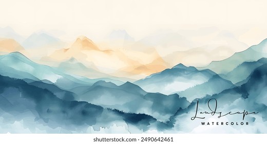 mountain landscape background vector. Oriental Luxury landscape background design with watercolor brush texture. Wallpaper design, Wall art for home decor and prints.