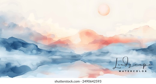 mountain landscape background vector. Oriental Luxury landscape background design with watercolor brush texture. Wallpaper design, Wall art for home decor and prints.