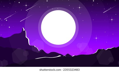 mountain landscape background. mountain view at night with moon and stars. night sky with moon and stars background. mountain landscape wallpaper for dekstop.