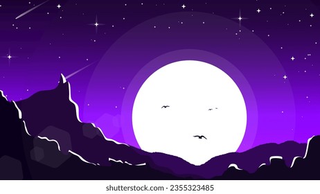 fondo de paisaje montañoso. vista de montaña por la noche con luna y estrellas.  fondo de pantalla del paisaje montañoso para dekstop. cielo nocturno con fondo de luna y estrellas.
