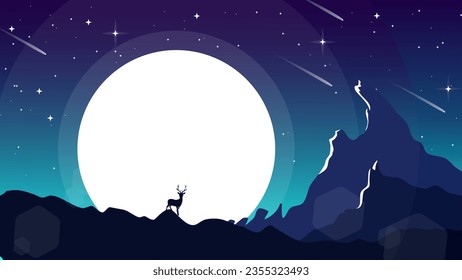 mountain landscape background. mountain view at night with moon and stars. night sky with moon and stars background. mountain landscape wallpaper for dekstop.