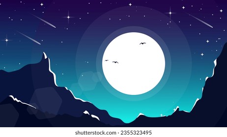Berglandschaft, Hintergrund. Blick auf die Berge nachts mit Mond und Sternen. Nachthimmel mit Mond und Sternhintergrund. Berglandschaft Tapete für Decke.