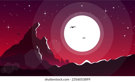 mountain landscape background. mountain view at night with moon and stars. night sky with moon and stars background. mountain landscape wallpaper for dekstop.