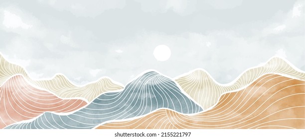 Mountain landscape background with watercolor brush and line wave pattern. Abstract contemporary aesthetic backgrounds landscapes. vector illustrations