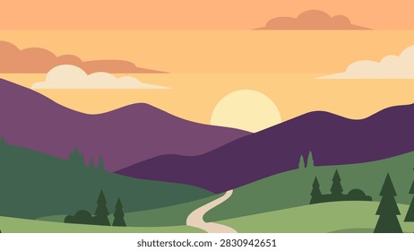 mountain landscape background with winding path and sunset sun