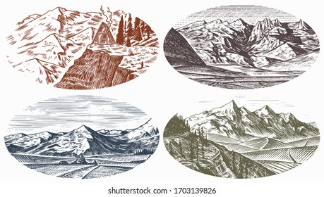 Mountain landscape backgrounds set. Alpine peaks and Traveler with a tent. Vintage Mount. Travel concept. Hand drawn engraved sketch for outdoor posters, climbing banners, logo or badge. 