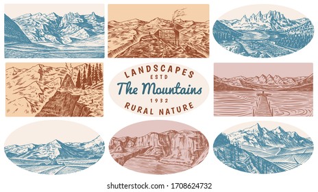 Mountain landscape backgrounds set. Alpine peaks and Traveler with a tent. Vintage Mount. Travel concept. Hand drawn engraved sketch for outdoor posters, climbing banners, logo or badge. 