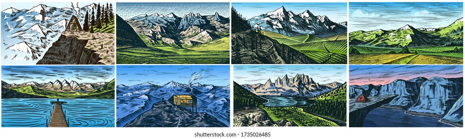 Mountain landscape backgrounds set. Alpine peaks and Traveler with a tent. Vintage Mount. Travel concept. Hand drawn engraved sketch for outdoor posters, climbing banners, logo or badge. 