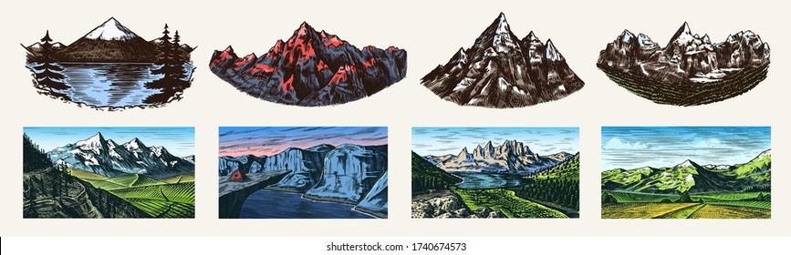 Mountain Landscape Backgrounds Set. Alpine Peaks. Vintage Mount. Travel Concept. Hand Drawn Engraved Sketch For Outdoor Posters, Climbing Banners, Logo Or Badge. 