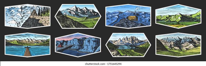 Mountain Landscape Backgrounds Set. Alpine Peaks And Traveler With A Tent. Vintage Mounts Stickers. Travel Concept. Hand Drawn Engraved Sketch For Outdoor Posters, Climbing Banners, Logo Or Badge. 