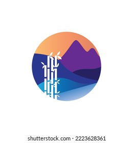 mountain landscape bamboo tree circle color illustration vector design