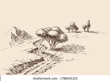 Mountain landscape and a beautiful alpine meadow hand drawing