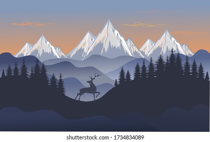 Mountain landscape and Beautiful Deer