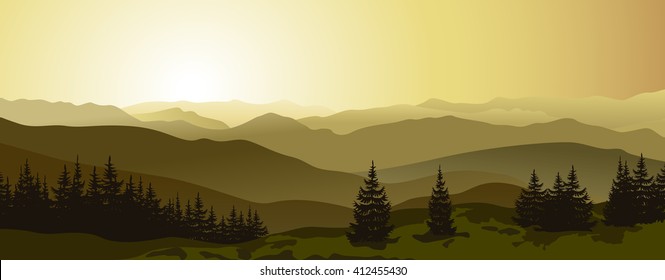 Mountain landscape. Beautiful sunset in the evening mountains. Outdoor vector background.