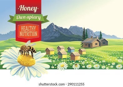 Mountain landscape with a bee and apiary, village in background.