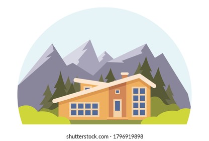 Mountain Landscape With Big House For Tourists. Summer Vacation In The Mountains, House Rentals. Chalet, Wooden House, Eco House. Vector Flat Illustration