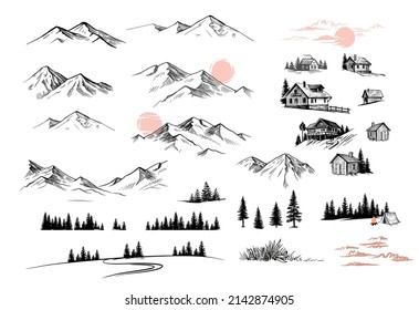 Mountain landscape big set drawing vector.