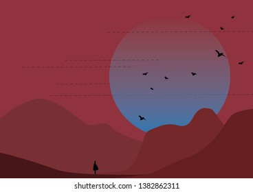 Mountain landscape - birds against the setting sun. Postcard, travel card - an evening day, a lonely person in a huge world. Trendy flat vector illustration.