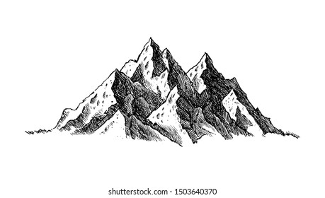 Mountain and landscape black on white background. Hand drawn rocky peaks in sketch style. Vector illustration. 