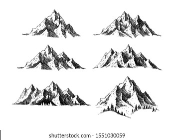 Mountain and landscape black on white background. Hand drawn rocky peaks in sketch style. Vector illustration. 