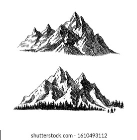 Mountain and landscape black on white background. Hand drawn rocky peaks in sketch style. Nature vector illustration. 