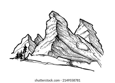 Montaña y paisaje negro sobre fondo blanco. Picos rocosos dibujados a mano en forma de sketch. Ilustración vectorial. 