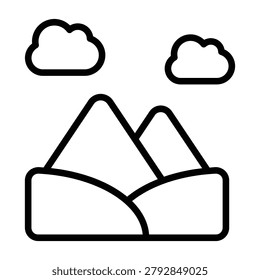Mountain landscape black outline style symbol featuring hills, peaks, and clouds. Suitable for travel, outdoor, geography, environment, and nature themed designs.