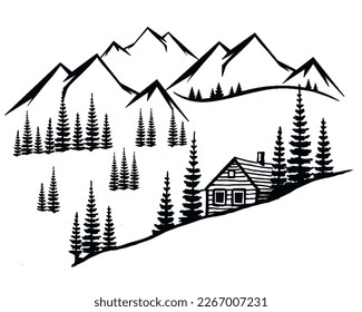 Mountain landscape  black and white sketch, vector, illustration, art 