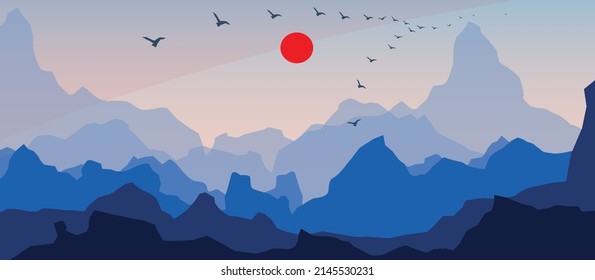 Mountain landscape in a blue gradient. Red sun and birds flying over the horizon.